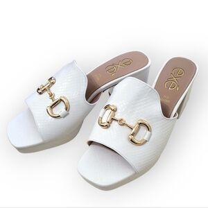 EXE Lina Platform Mules with Chunky Heel White Snakeskin Gold Horse Bit 8.5